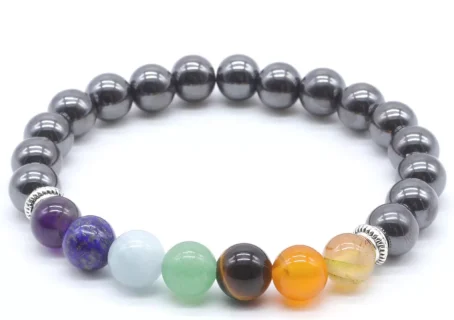 7-chakras-hématite Bracelet d'équilibre 7 chakras avec pierres d'hématite 8 mm