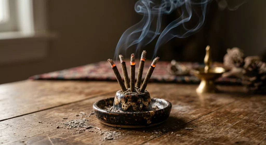 Bâtons d’encens naturels indiens qui brûlent sur un porte-encens en céramique avec fumée pour méditation et prière