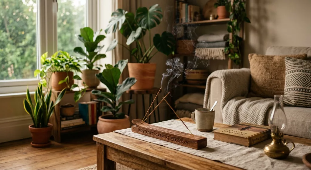 Boutique encens naturel indien en ligne avec bâtons d’encens qui brûlent, fumée parfumée et ambiance zen dans un salon