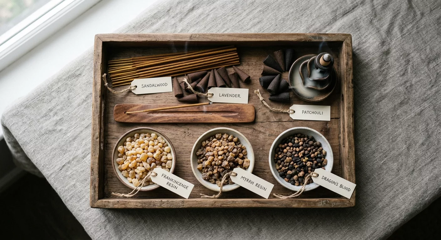 Différents types d’encens naturels présentés sur un plateau en bois bâtons cônes backflow et résines