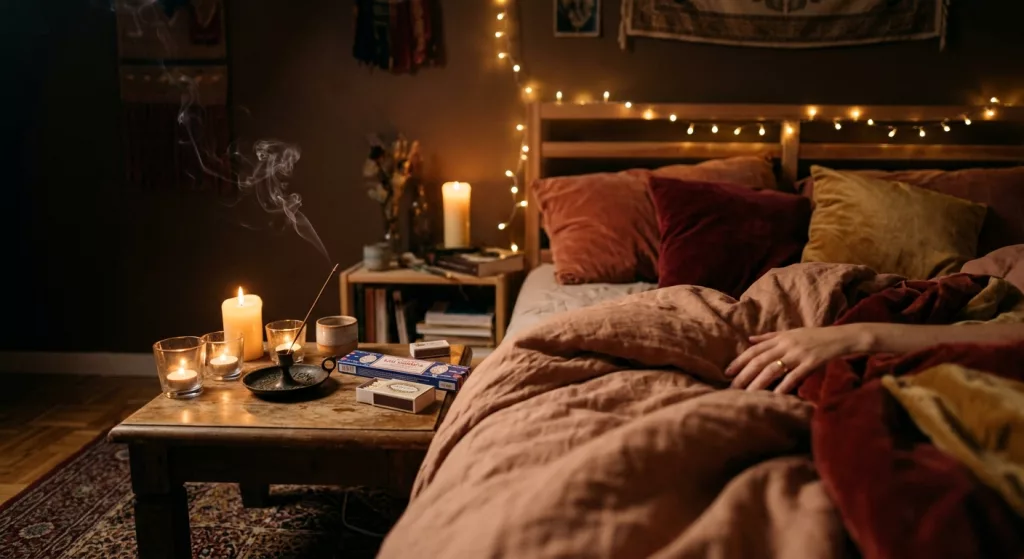 Encens naturel patchouli et ambre qui brûle dans une chambre avec bougies pour créer une ambiance romantique et sensuelle