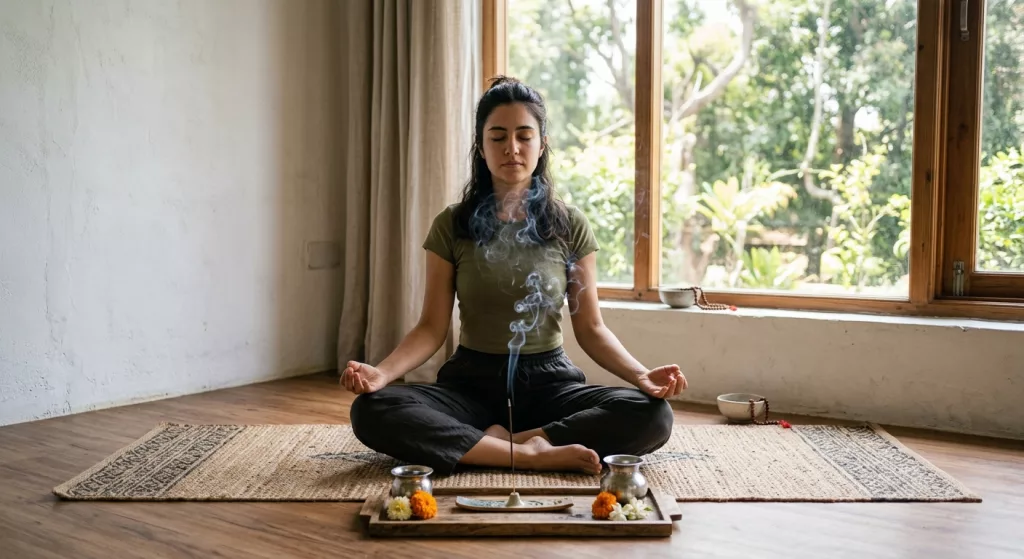 Méditation avec encens naturel indien qui brûle devant une personne assise en lotus pour favoriser la concentration