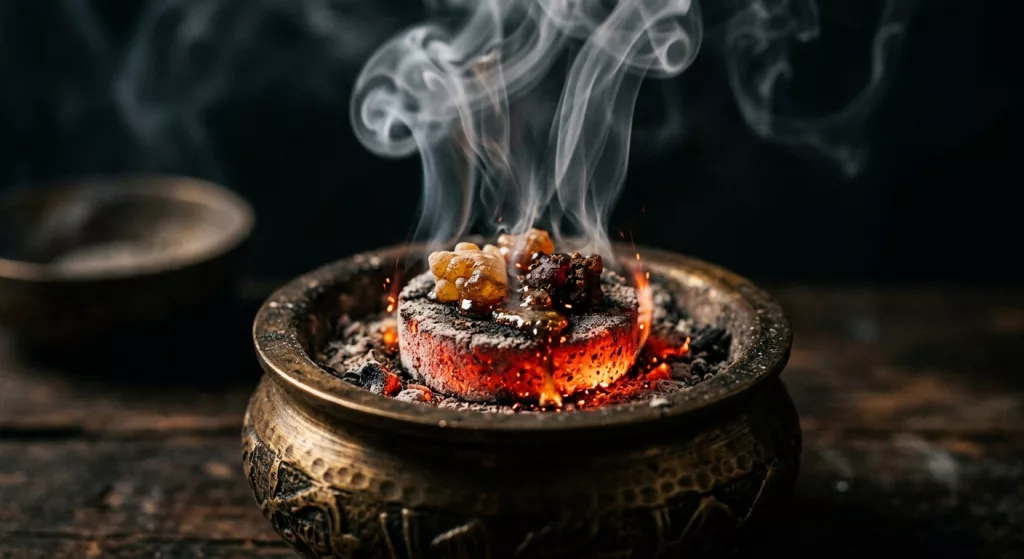Résine d’encens naturel oliban et myrrhe qui brûle sur charbon dans un brûleur en laiton pour rituel de purification