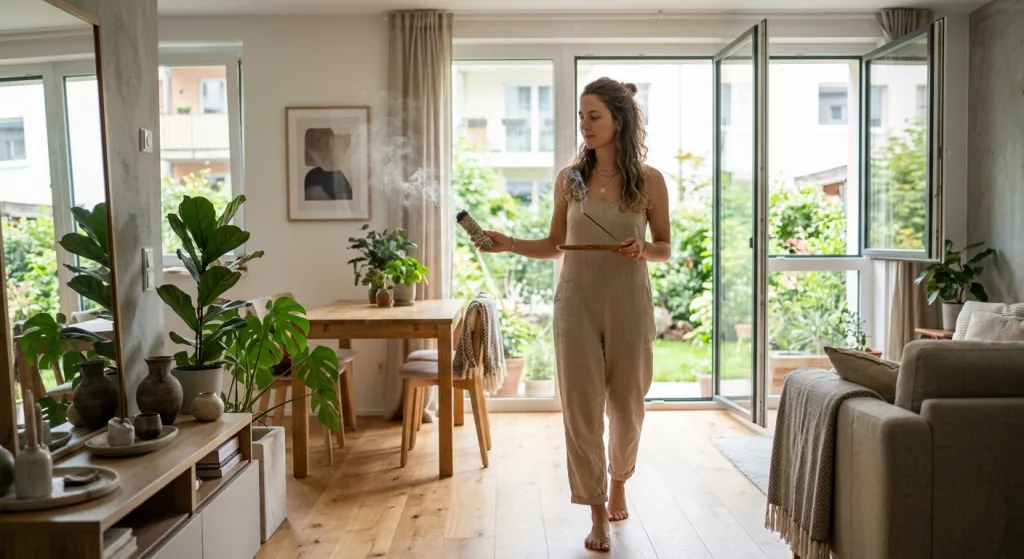 Rituel de purification de maison avec encens naturel et sauge blanche pour nettoyer les énergies d’un appartement