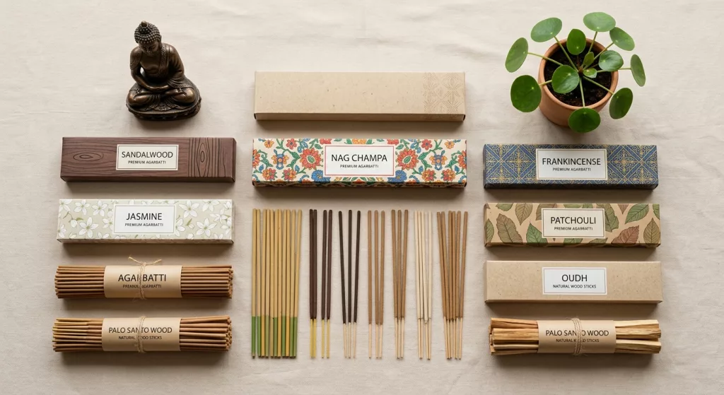 Sélection de boîtes et bâtons d’encens naturel indien de la boutique en ligne Encens.shop Le Comptoir des Indes