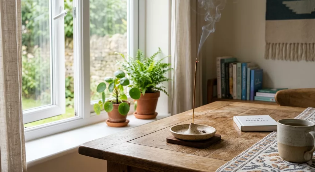 Utilisation sécurisée d’un bâton d’encens naturel sur un porte-encens avec fenêtre ouverte pour aération de la pièce