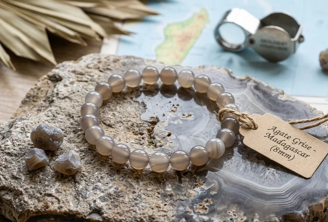 Bracelet Agate Grise perles 8mm