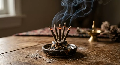 Bâtons d’encens naturels indiens qui brûlent sur un porte-encens en céramique avec fumée pour méditation et prière