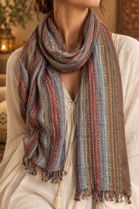 Chèche indien bleu, marron & bordeaux