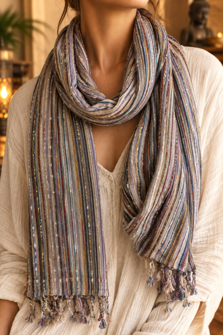 Chèche indien beige, lavande & gris anthracite Chèche indien beige, lavande & gris anthracite
