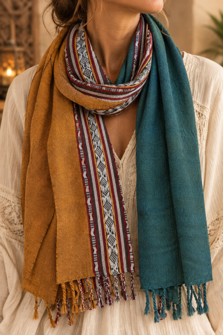 Chèche indien ocre & vert canard Chèche indien ocre & vert canard