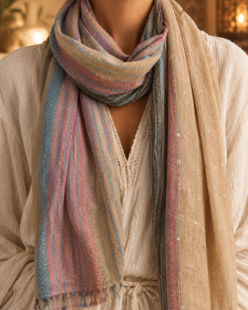 Chèche indien bleu, rose et beige Chèche indien bleu, rose et beige