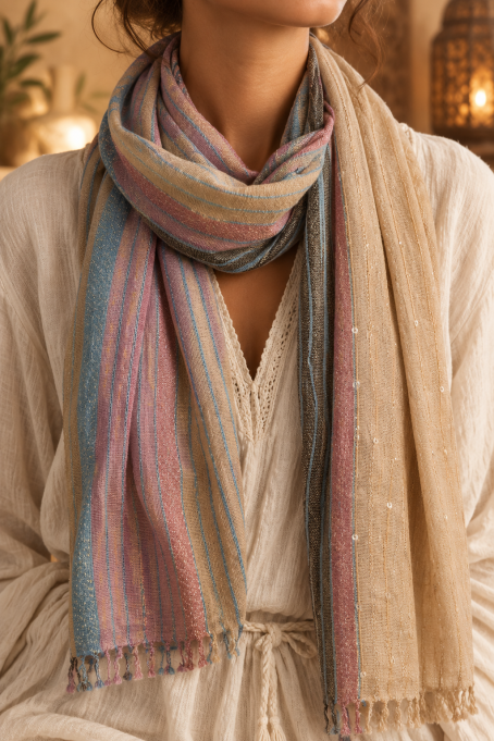 Chèche indien bleu, rose et beige Chèche indien bleu, rose et beige