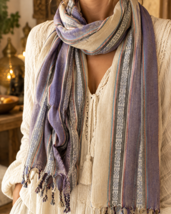Chèche indien beige, lavande et gris anthracite Chèche indien beige, lavande et gris anthracite