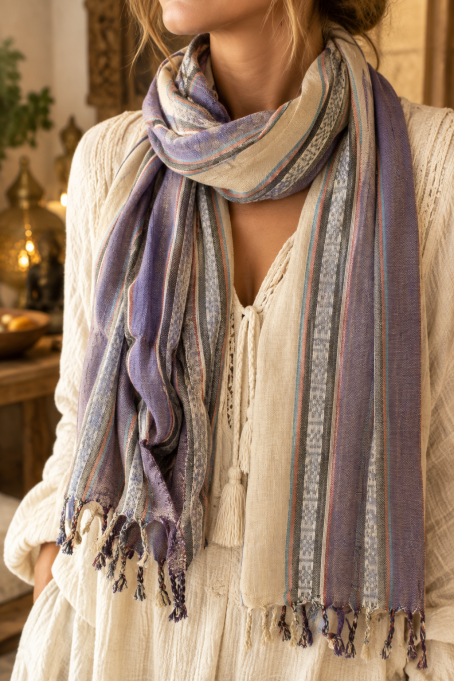 Chèche indien beige, lavande et gris anthracite Chèche indien beige, lavande et gris anthracite