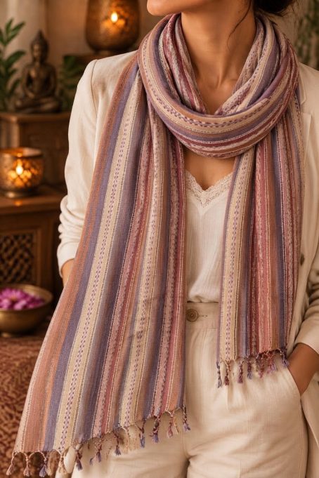 Chèche indien rose poudré, mauve et beige